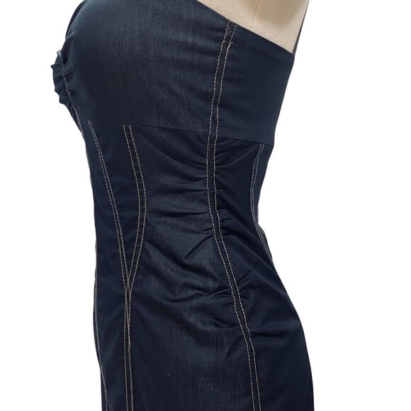 Cache Ruched Denim Corset Dress Size 4 Y2K Stitch Bodycon Club Midi Darkwash - Picture 9 of 11